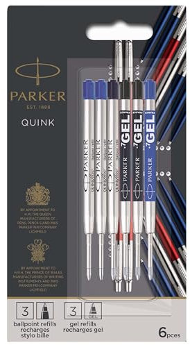 Parker Paquet de recharges Discovery pour stylo bille et gel : 3 recharges Quinkflow pour stylos à bille et 3 recharges Quink d’encre de gel lot de 6