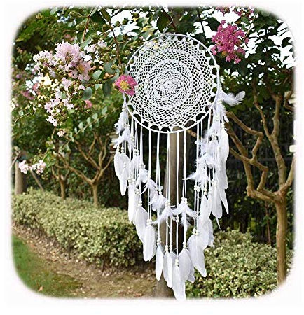 EasyBravo großer Traumfänger im Boho-Stil, mit weißer Feder, Makramee, Wandbehang für Vintage-Hochzeit oder zur Heimdekoration, 35 cm Kreis, 115 cm lang, Weiß