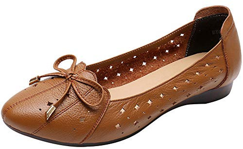 Jamron Women Genuine Leather Comfort Shoes Soft Sole Ballerinas Low Wedge Heel Slippers Cutout Brown SN02431 UK3.5