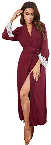 FEOYA Peignoir de Bain Femme Long en Coton - Robe de Chambre Longue Kimono Rouge - Vêtement de Nuit - Cadeau de Noël pour Femme M