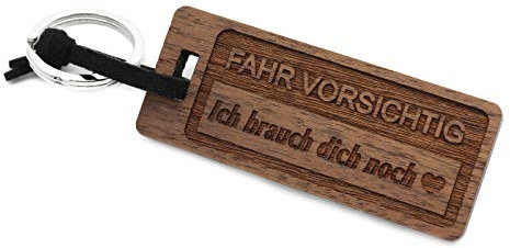 NaturSchatulle Schlüsselanhänger aus Holz mit Gravur Fahr Vorsichtig Nussbaumholz mit Edelstahl Schlüsselring Band Schlüsselbund Geschenkidee