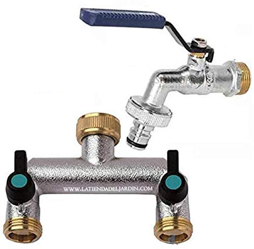 Robinet de jardin avec double sortie femelle 3/4 Sortie 2 voies mâle Chromé + Bifurador 2 sorties métal