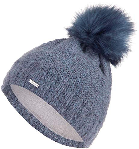 Faera weiche Wintermütze Mütze Damen warm gefüttert Kunstfell Bommel-Mütze Fleecefutter Winter Strickmütze Beanie Mädchen 65, Farbe:Hellblau