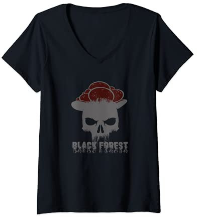 Damen Schwarzwälder Bollenhut Totenkopf statt Kuckucksuhr T-Shirt mit V-Ausschnitt