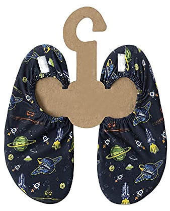 Slipstop Kinder Strandschuhe Anti Rutsch Sport Schuhe Schwimmschuhe Badeschuhe Urlaub Yoga Unisex Sonnenschutzfaktor 50, Blau mit Raumschiffen