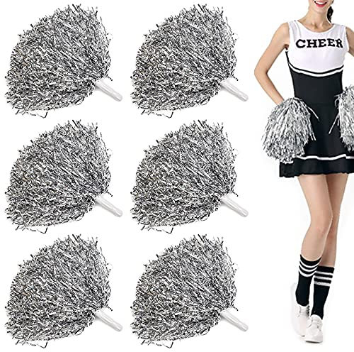 Niuhong 6 PCS Cheer Leader Poms Pom Bright Metallic Cheers Ball Squad Cheer Sport Farben Pompons Poms Hand Flower Bands Spirit Cheering Pom Colours Accessories Cheerleading Sports Games Team (Silber)