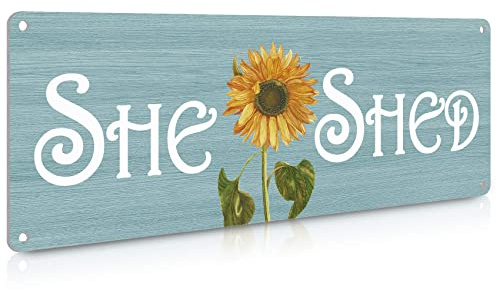 ALREAR Sunflower She Shed Sign for Garden Decor, Metal 16x6 Inches | Indoor Outdoor Use, Farmhouse Cottagecore Decor, for Women Cave Patio Greenhouse Backyard, Birthday Housewarming Gift for Her