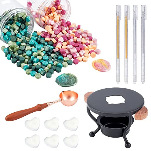 CRASPIRE Siegellack-Set Eisenwachsofen Mit 2 Box 240 Stück Siegellackperlen, Wachslöffel, 4pcs Stift, 6 Stück Herzkerzen, Wachssiegelwärmer-Schmelzset Für Hochzeitseinladung