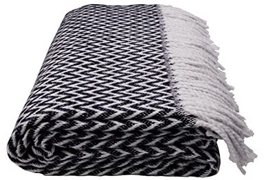 Wohndecke Fair Deluxe Cotton All Seasons | Wolldecke aus 50% Baumwolle, 30% Polyester, 20% Acryl | Couchdecke/Sofadecke | Kuscheldecke | Wolldecke mit Fransenborde (Schwarz/Weiß Wellenmuster)