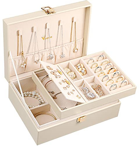 Voova Jewellery Box Organiser for Women Girls, 2 Layers Large Jewelry Storage Case, PU Leather jewlerrying Display Holder with Removable Tray for Necklace Earrings Rings Bracelets, Gifts, Apricot
