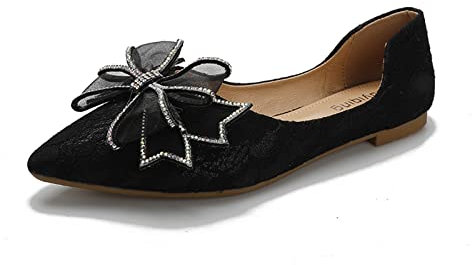 MACHSWON Womens Flat Pumps Ladies Lace up Bow Beaded Ballet Dressy Flats Ballerina Work Formal Comfort Pointed Toe Fashion Shoes(Black-2, Size 6)