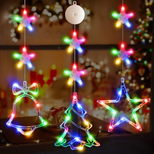 LYUBASA 3 Stück Baum Sterne Glocke Weihnachtsbeleuchtung, 60 Farbige LED Batteriebetriebene mit Saugnäpfe, Timer, Fenster Lichterkette Innen für Weihnachten Deko, Fenster, Balkon, Party, Hochzeit