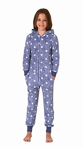 Normann Kuschelig Warmer Mädchen Jumpsuit Schlafanzug Overall aus Coralfleece in Tupfen Optik, Farbe:blau, Größe:140
