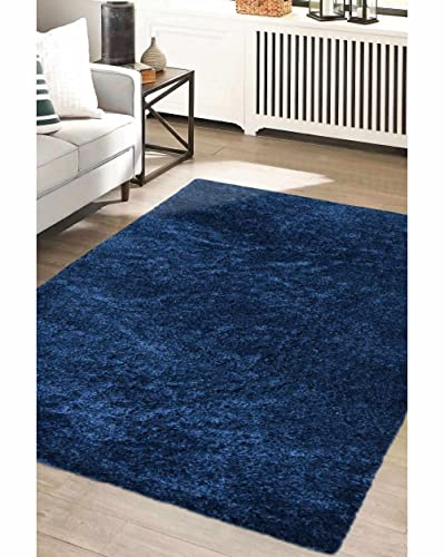 Modern Style Rugs Cosy Shaggy Plain Rectangular Rug, Navy Blue High Pile Rugs for Living Room, Bedside, 80x150 cm (2ft 7 inch x 4ft 11 inch)