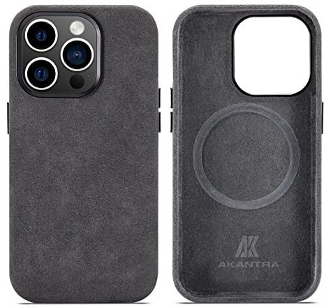 AKANTRA Alcantara Schutzhülle für Apple iPhone 14 Serie, handgefertigt, vollständig umwickelt, synthetisches Wildleder, kompatibel mit kabellosem Magsafe Laden (iPhone 14 Pro Max, Schwarz)