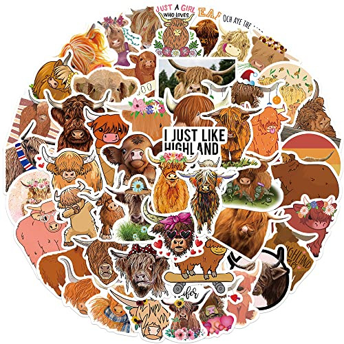 50Pcs Highland Cows Stickers for Kids Teens Adults Boys Girls Gift,Stickers Pack for Laptop,Skateboard Luggage Car Bike Cup Computer Water Bottle Decor,Highland Cattle Vinyl Waterproof Sticker Decal