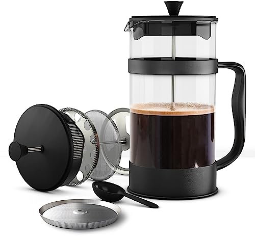 KICHLY French Press Kaffeemaschine, Espresso- und Teebereiter mit Dreifachfiltern, hitzebeständiges Borosilikatglas mit Stahlkolben (600 ml, Schwarz)