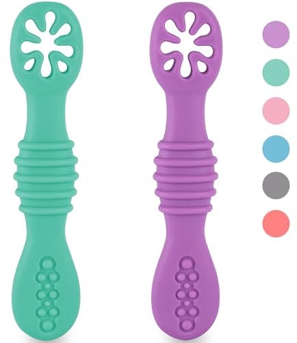 HOMYBABY® PreCucharas y Cucharas Bebe Silicona - Cuchara BLW Aprendizaje en 2 etapas - Cubiertos Recomendados por Nutricionistas - Pre Cuchara Antibacteriana y Ergonómica (2, A)