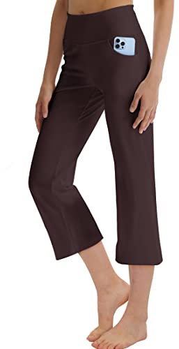 LaiEr Frauen Yoga Capri Hose mit Taschen Weites Bein Straighthose Bauchkontrolle(Brown,X-Large)