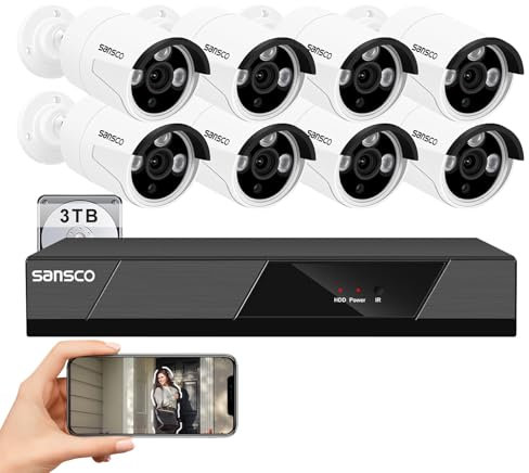 SANSCO PoE CCTV Security Camera System with 3TB HDD Audio Recording, 8CH 4K NVR + (8) 4MP Weatherproof IP Cameras (2560x1440, Built-in Microphone, AI Human/Face Detection, Night Vision, Remote Access)