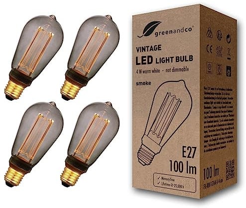 greenandco 4x Vintage Design LED Birne zur Stimmungsbeleuchtung | E27 ST64 | smoke | 4W 100lm | 1800K extra warmweiß | 320° | 230V | flimmerfrei | nicht dimmbar | Edison Glühbirne