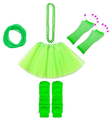 Lizzy 5Pc Neon Costume (Leg Warmers + Fishnet Gloves + 3Layer Tutu + Beads Necklace + Gummy Bracelet) Set | 80s Neon Teen Fancy Dress Dance ware Hen Party Accessory (Neon Green, Older Girls)