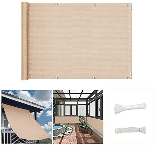 QINGLV Sichtschutz Balkon 90x100cm Sichtschutz Balkon Ohne Bohren Windschutz UV-Schutz Und Wetterfest Balkon Umrandungen Für Zaun Balkon Terrassen Garten Swimming Pool -Sandfarbe