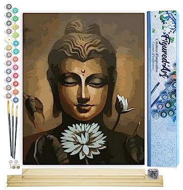 Figured'Art Peinture par Numéro Adulte Visage de Bouddha et fleur de Lotus - Activité Manuelle Kit de Loisir Créatif DIY Numéro d'Art Complet - 40x50cm avec châssis en bois à monter