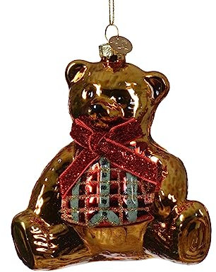 Kaemingk Christbaumschmuck Glas 10cm Teddy Bär mit Schleife Aufhänger - Gold - Rot