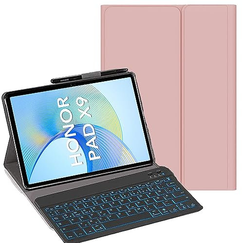 YHFZR Tastatur Hülle für Honor Pad X9a/ X9/ X9 Pro 11,5 Zoll, [Deutsches QWERTZ] Slim Hülle mit 7 Farben Beleuchtung Kabellose Tastatur mit Schützhülle, Rosa
