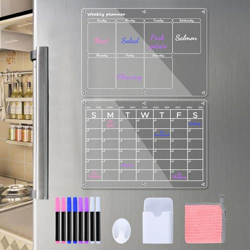Acrylic Magnetic Calendar for Fridge, 2Pcs Clear Monthly Weekly Planner Board (15.7” X 11.8”) with 8Pcs Dry Erase Marker, Wipe Cloth, Pen Holder and Hook