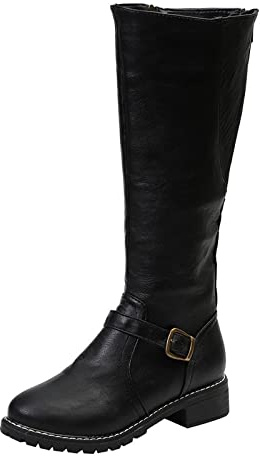 ESSUE Bottes Mollets Larges Plates Sexy Boots Femme Cuir Moto Vintage Boot Equitation Bottes d'hiver Confortables Santiags Haute Botte Femmes Bottes Bottines Talon Carré Boots