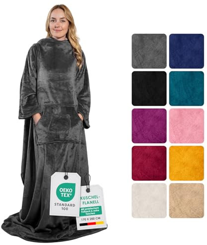 heimtexland ® Ärmeldecke TV Kuscheldecke mit Ärmeln Taschen Fußsack Super Soft Flanell tragbare Decke Ganzkörperdecke Typ870 Anthrazit Grau 200x170 cm
