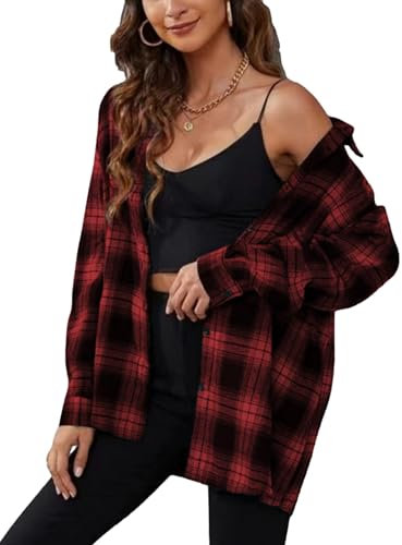 Zontroldy Chemise à carreaux en flanelle pour femme - Manches longues - Boutonnée - Chemisier à carreaux de buffle, noir/rouge, Taille M