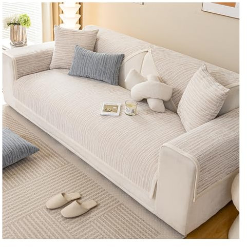 Tauzveok Sofaschoner rutschfest, Hund Katze Sofaschutzdecke, Eck Sofa üBerzug, Sofabezug Antirutsch Decke, Chenille Sofabezug 1 2 3 4 Sitzer,D Milky White,110 * 210cm