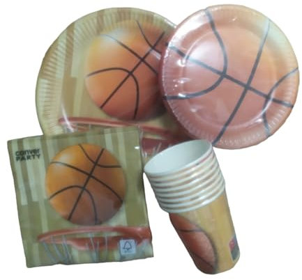 Lote de Vajillas Juveniles Baloncesto (32 Vasos, 32 Platos, (23 cm), 32 Platos (18 cm) y 40 Servilletas) .Detalles y Decoración para Fiestas de Cumpleaños, Halloween, Bodas, Bautizos, Comuniones. AB