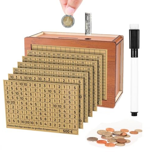 Spardose - Spardose mit Zähler, Sparschwein aus Holz mit Zähler, Sparbox mit Zahlen Ankreuzen, Wiederverwendbare Geldkassetten, Spardose 10000 Euro, 500€, 1000€, 2000€, 3000€, 5000€ (8 Stück)