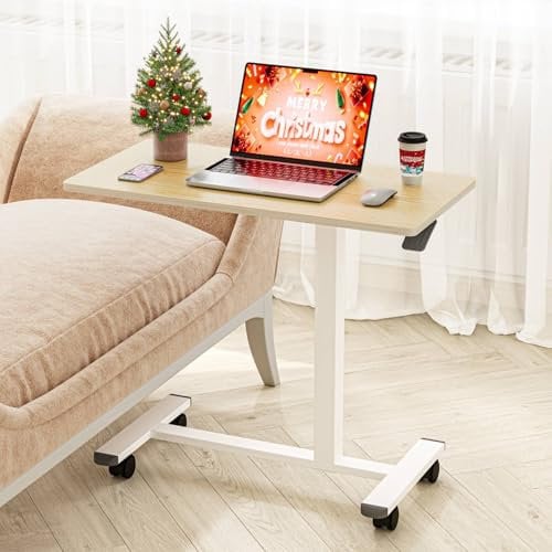 Dripex Beistelltisch Höhenverstellbar mit Rollen, mobiler Betttisch, Schreibtisch aus Holz, Sofatisch Nachttisch Pflegetisch für Schlafzimmer, Wohnzimmer, Holzfarbe, 40 X 80 cm
