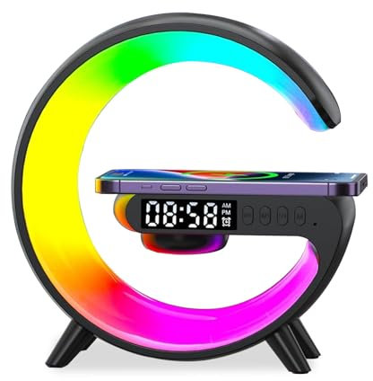 Les-Theresa Wireless Charger Speaker, Bedside Lamp with Alarm Clock, Bluetooth Speaker Lamp for Home Office Gifts (Black)