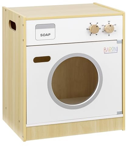 Baroni Toys Lavatrice Giocattolo in Legno Montessori, Strumento Educativo per Bambini, Design Realistico con Manopole Funzionali e Oblò Trasparente, Facile da Montare e Leggera, 29,5x40x47 cm