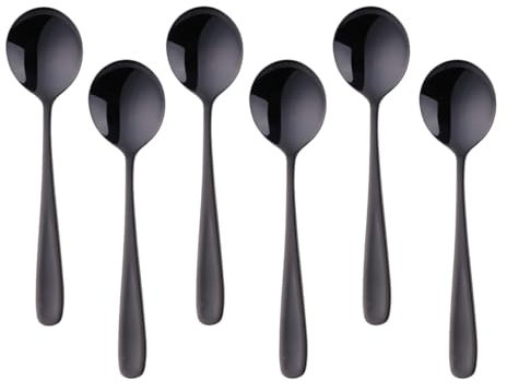 Buyer Star Lot de 6 cuillères à soupe rondes en acier inoxydable 304 - Cuillères à dessert rondes de 17 cm - Pour céréales, porridge, yaourt, lave-vaisselle - Noir