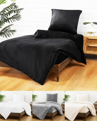 JACK Teddy Flausch Bettwäsche Uni 155x220cm Plüsch Cashmere Touch Weiß Grau Anthrazit Creme Blau Schwarz Einfarbig Warm, Farbe:Schwarz