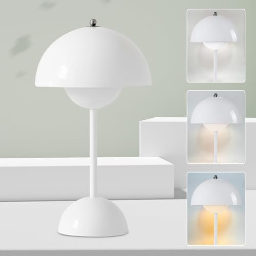 Rppiup LED Flowerpot Tischlampe, Pilzlampen Tischlampe Kabellos, Tischleuchte Dimmbar Pilz mit 3 Helligkeitsmodi, Wiederaufladbar Flowerpot Lampe, LED Pilz Lampe für Schlafzimmer/Büro/Bars, Weiß