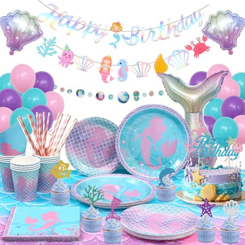 Cleboen Meerjungfrau Geburtstag Deko 16 Gäste Geburtstagsdeko Mädchen mit Partygeschirr Set Party Teller Servietten Pappbecher Tischdecke Luftballon Tortendeko Meerjungfrau Party Deko Kindergeburtstag
