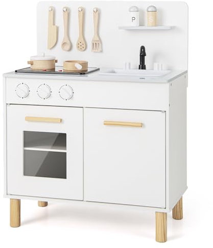 COSTWAY Kids Play Kitchen, Wooden Pretend Toy Kitchen with Sound & Lights, Sink, Faucet, Oven, Utensils, Children's Chef Role Play Set for Boys Girls