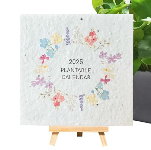 Einpflanzbarer Kalender 2025, Saatgut Kalender 2025, Pflanzbarer Papierkalender 2025, Kreativer Kalender Mit Staffelei, 12-Monatskalender Mit Pflanzbaren Pflanzen, Kreativer Planungskalender
