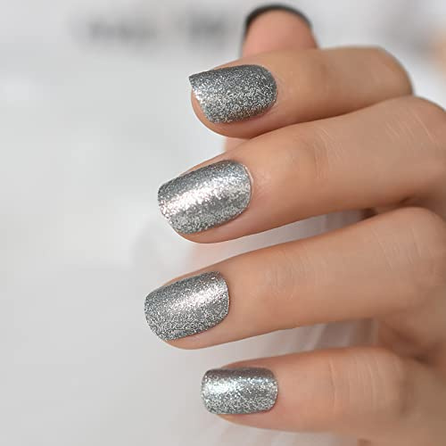 UUKILT Short Nails Press On Nail Silver Glitter Fake Nail Shimmer Full Cover Artifcial False Nail Women Makeup Manicure Art