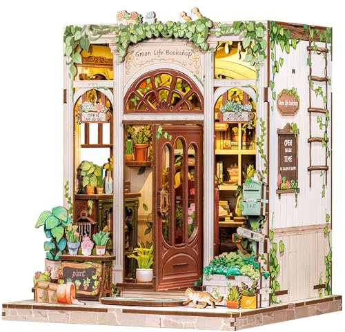 Fsolis DIY Book Nook Kit mit LED- Beleuchtung 3D Holz Miniaturhaus Bausatz, Personalisierte Regal- Deko Bastelset für Erwachsene & Heranwachsende, Miniatur Haus Bausatz(Green Life Bookshop)