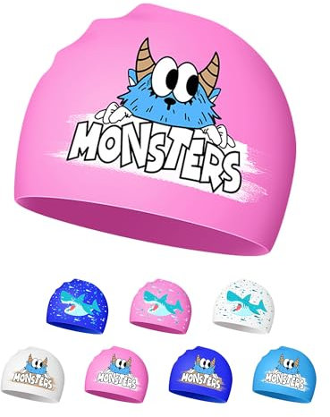 Gorro de Natación para Niños 4-12 años, Silicona, Impermeable, con Diseño Divertido y Antideslizante (Monstruo Rosa)