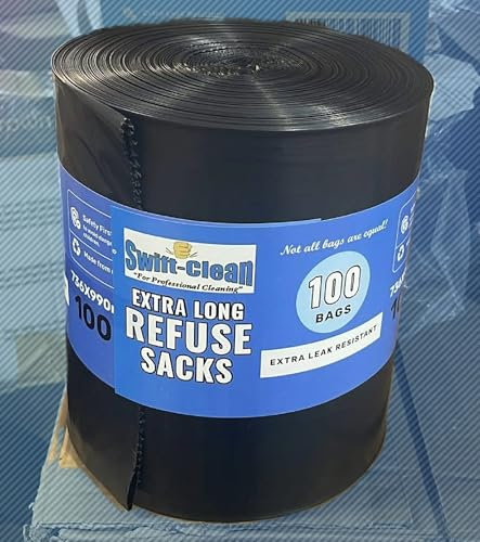Swift Clean 90L, 100 Pack, Extra Leak Resistant, Large Trash Refuse Sack Bin Liners for home, offices, factories, restaurants, warehouses Pack of 100 Bin Bags, recyclable environment friendly bin bags